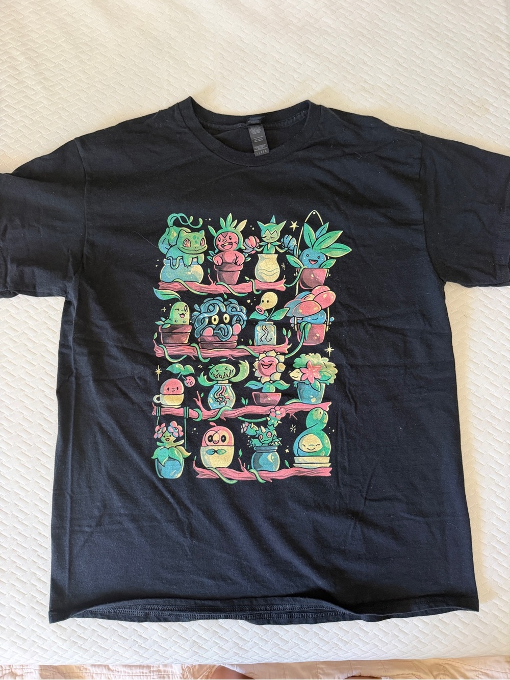 Black Pokemon T-Shirt with Cute Plant Pokemon Graphic Large